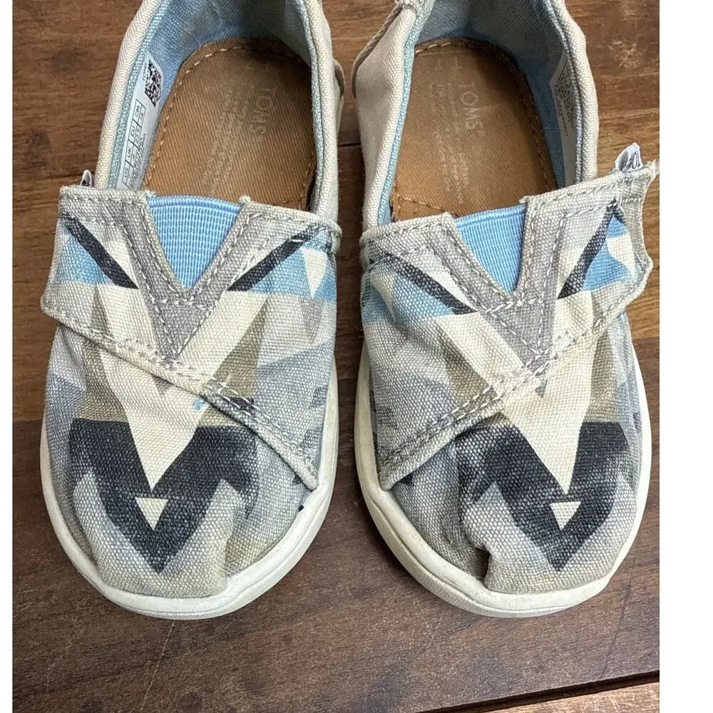 TOMS Alpargata Slip-On Shoe Geometric Blue Gray & Tan Print Toddler Size 7